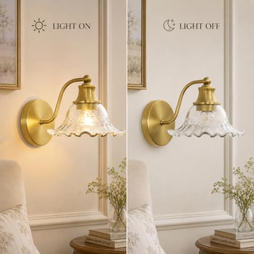 Image of Bright Brushed Gold Bathroom Wall Sconce Vintage Style, E26 Easy Mounted | Vanity Light with Flower Glass Shade, Bathroom Wall Lighting Fixture Beside Mirror, Easy Mounted for Bedroom, Hallway