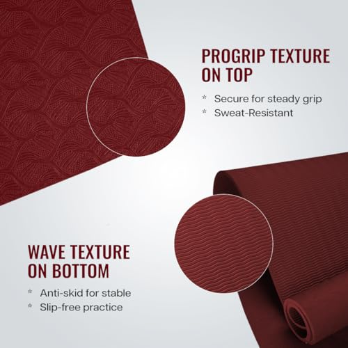Image of WiseLife TRUE Body Alignment Yoga Mat with Strap - Extra Wide 10mm Non-Slip ECO TPE Exercise Mat for Yoga, Pilates, Home Workout & Gym - Alignment Lines, Eco Friendly (Wine)