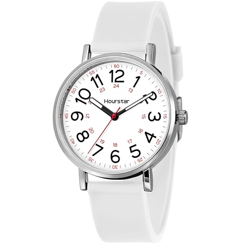 Hourstar Womens Analog Nurse Watch with Second Hand for Nursing 12/24 Time Silicone Band Easy Read (White)