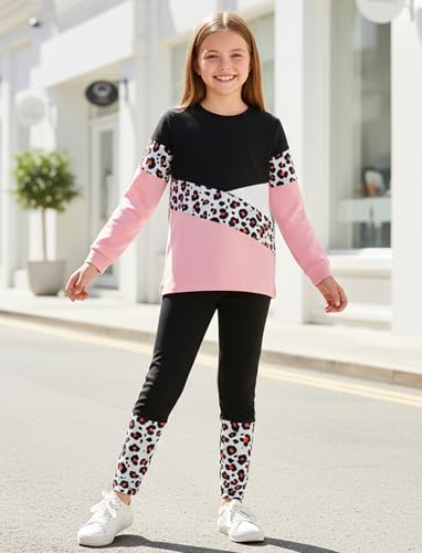 Image of PATPAT Little Girls Clothes Crew Neck Leopard Color Block Sweatshirt and Leggings Girls Outfits Size 4-12Y
