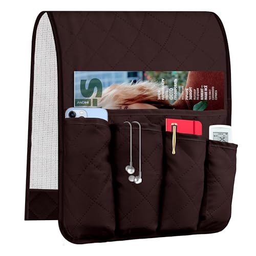 ZKOO Sofa Armrest Organizer, Couch Armset Non-Slip Organizer Suitable of Reclining Couch, Sofa Armrest Caddy with 5 Pockets for Magazine, Phone, iPad, TV Remote Control (Coffee)