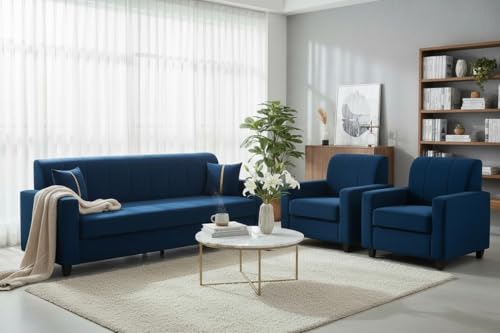 Image of FURNY Premium Cosmos Nest 5 Seater Fabric 3+1+1 Sofa Set for Living Room | with Velvet Fabric | in Dark Blue Color | Durable Comfort | Modern Design | Ideal for Living Room