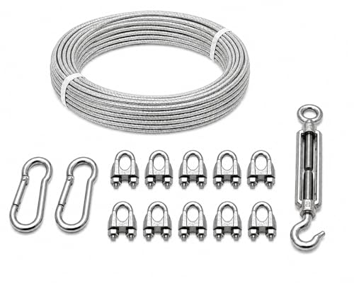 Image of Heavy Duty 4MM PVC Coated Wire Rope Kit | 7x7 GI Steel Cable with Snap Hooks, U Clamps & Turnbuckle | Rustproof Clothesline Wire for Balcony, Gym & Outdoor Use (20 Meter /65.6 Feet)