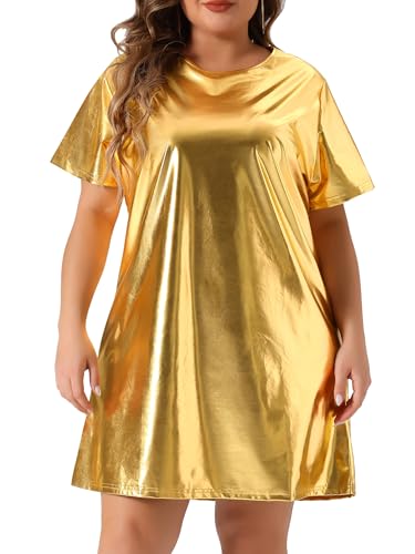 Image of Agnes Orinda Plus Size Dress for Women Metallic Round Neck Short Sleeve Party Clubwear Loose Mini T-Shirt Dress