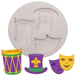 Mardi Gras Fondant Molds Masquerade Mask Indian Drum Silicone Molds Alice Wonderland Hat Chocolate Molds for Cupcake Cookie Decorating Baking Molds for Mardi Gras Party DIY Craft Candy