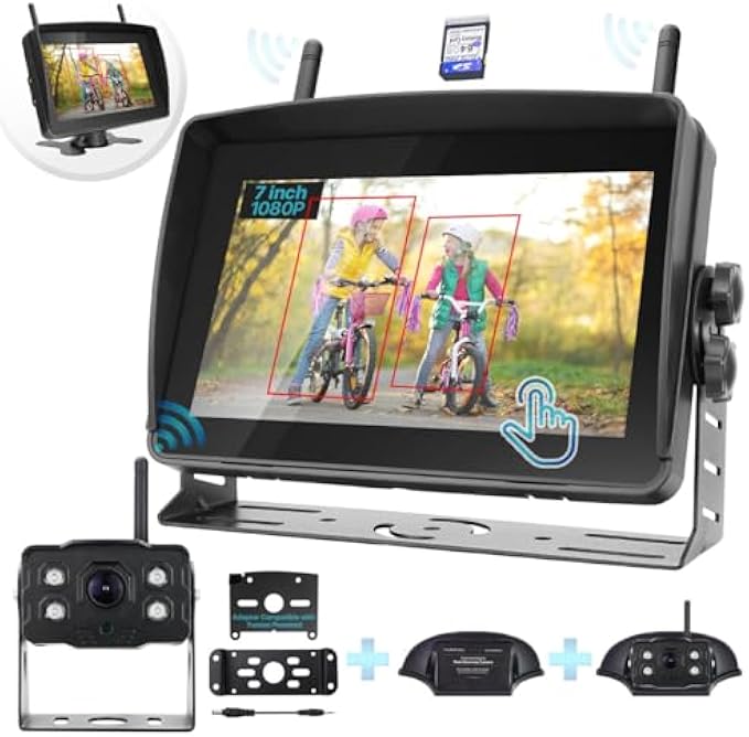 Wireless RV Backup Camera, Compatible with Furrion Pre-Wired Vehicles - GreenYi Cordless 7-Inch IPS Touchscreen Monitor with Loop Recording DVR, BSD, 64G Card, FHD 1080P IR Night Vision Camera
