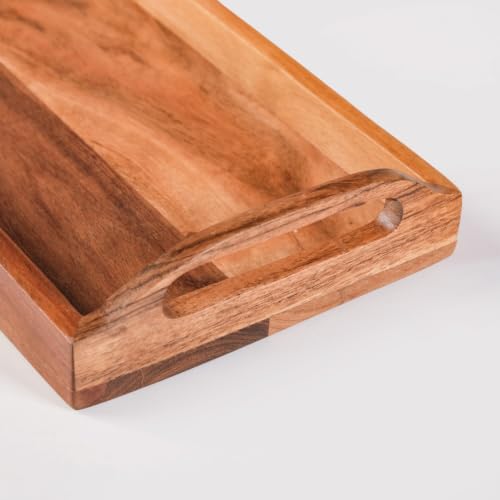 Image of Nestasia Wooden Serving Tray with Handles (41x16cm) - Acacia Wood Rectangular Brown Tray for Dining & Coffee Table | Platter for Serving Tea, Cakes, Snacks, Breakfast & Home Decor (Deep Brown)