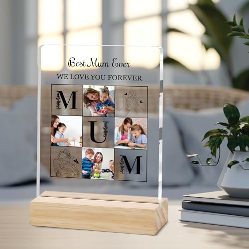 Image of Giftplease Customized Photo And Text Frame With Wooden Stand | Personalised Printed Photo Frame | Gift For Mom | Birthday | Mother's Day | Anniversary (Transparent, 5MM, 6 * 8 Inches), Tabletop