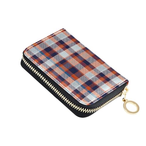 RFID Blocking Credit Card Wallets Leather Women Wallet Zip Around Zipper Change Purse with Key Ring Plaid Alternating Colors Blue Orange