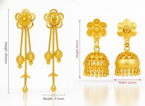Image of DEW MAT Traditional Gold Plated Jhumka & Floral Dangler Earrings for Women & Girls | Lightweight Ethnic Temple Style Indian Drop Earrings | Festive & Wedding Fashion Jewellery | Gold Tone
