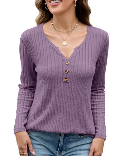 Edelqual Womens Long Sleeve Tops 2025 Fall Casual Henley V Neck Shirts Lightweight Sweater Tunic Trendy Fashion Outfits