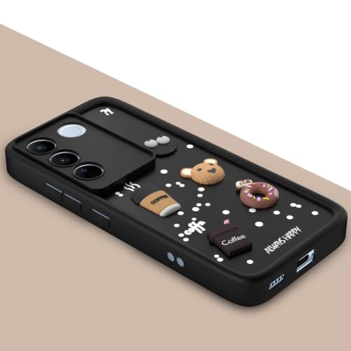 Image of Bintage Cute Fun Ball | Taddy Cartoon 3D Smiley Coffee Cup | Milk Donut | Full Protection Rubber Back Cover Compatible for Vivo V2230 / Vivo V27Pro 5G - Black