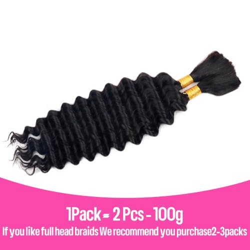 CHEETAHBEAUTY Deep Wave Bulk Human Hair for Braiding, 100% Unprocessed Brazilian Virgin, 10A Grade, 2 Packs of 100g, No Weft, 12inch, #1B Natural Black (Deep Bulk), Wavy, Curly, Sew-In Installation