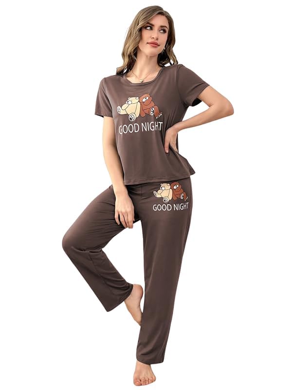 Image of Women's Korean Style Night Suit Set | Cotton Half Sleeve Top & Pyjama Set | Round Neck Printed Nightsuit | Comfortable Nightwear & Loungewear for Women | Sleepwear Pjs Lounge Set |Co-ords Outfit