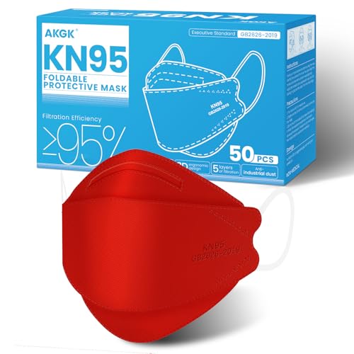 akgk KN95 Face Masks 50 Pack, 5-Ply Disposable Red Face Mask Against PM 2.5 Smoke &amp; Dust, Filtration Efficiency 95%
