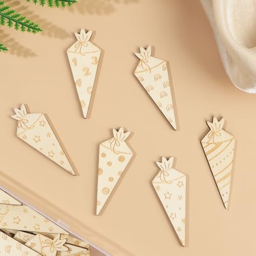 BETESSIN 50 Stück Schultüte Konfetti Holz - Zuckertüte Streudeko mit 5 Mustern - Tischdekoration für Einschulung Junge und Mädchen, Schulanfang, Schuleinführung Deko uvm. - 6x3cm