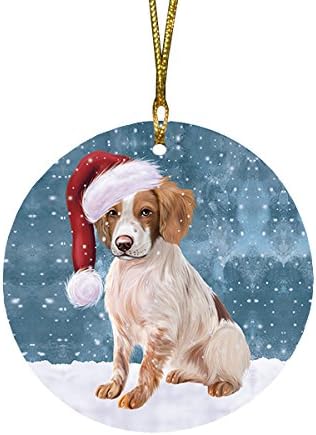 Santa Sled Dogs Brittany Spaniel Christmas Round Flat Ornament - Pet Decorative Hanging Ornaments for Christmas X-mas Tree Decorations - 2.75" Round Flat Ceramic Christmas Ornament POR1571