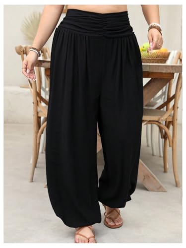 OYOANGLE Women's Plus Size Harem Pants Boho Lounge Pants Loose Fit Barrel Leg Palazzo Trousers4
