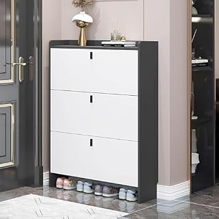 Stylish Modern Hallway Shoe Rack, Freestanding Shoe Storage with Hidden Doors, Top Shelf and 9.5"W x 31.5"H, Stylish Entryway Solution