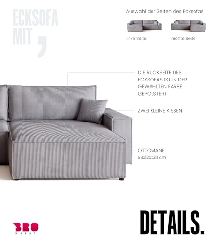 BROMARKT Sofa mit Schlaffunktion Couch L Cordstoff Sofa Bettkasten Schlafsofa für Wohnzimmer Ecksofa freistehend Adi XL Relaxsofa 3 sitzer 272x143x85 cm Hellgrau