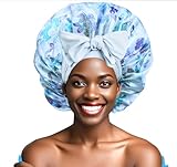Ptrin Bonnet en satin double face pour dormir, bonnet de nuit avec bande élastique, chapeau de tête pour femmes et filles, cheveux longs, raides et bouclés pour femme, blanc pivoine