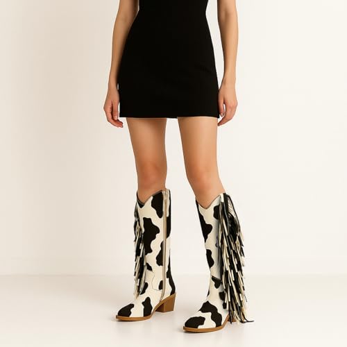 Image of KiutSymo Cowgirl Fringe Boots For Women White Tassels Cowboy Boots Knee High Pointed Toe Western Boots