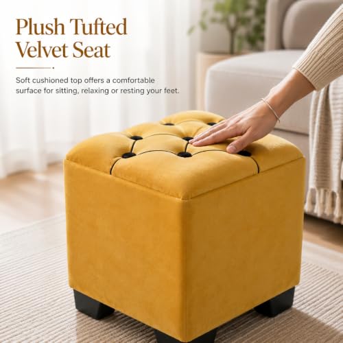 Image of Velvet Cube Ottoman | Seating Stool for Living Room | Soft Cushioned Footrest Stool with Durable Plastic Legs | Multipurpose Seating, Side Table & Pouffe Home Decor, 12x12x14 inch (Yellow)