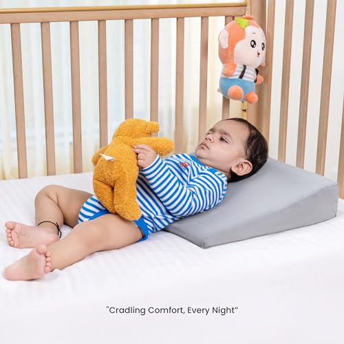 Image of Cherilo Half Size Elevated Wedge Pillow for Baby Crib & Mattress, Elevate Baby to Prevent Acid Reflux, Colic, GERD, Heat Burn & Vomiting | 19 inch x 13.5 inch x 3.5 inch | - with Removable Velvet Cover - Grey