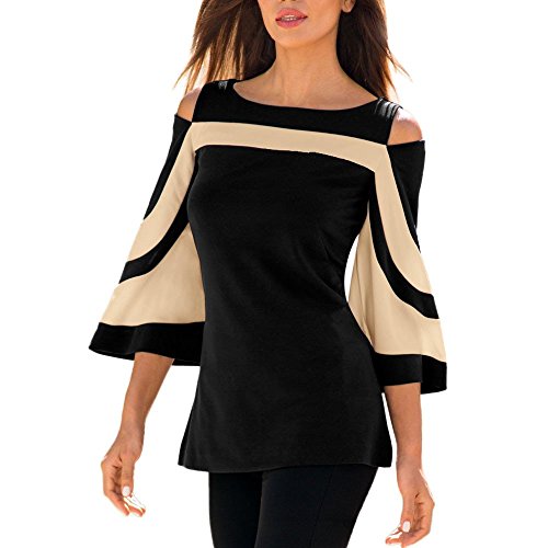 Camicetta Donna Elegante Strisce Tunica Top Blocchi Colore Patchwork Camicia Spalle Scoperte Vestito Manica Tromba a Campana 3/4 Maglietta Maglia Sexy Blusa T shirt Abito Aderente Corto Mini Dress