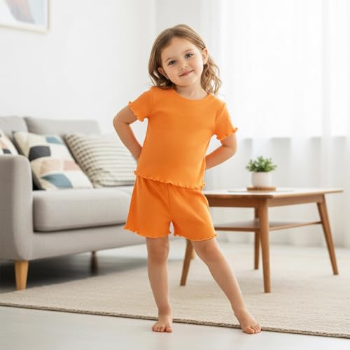 Image of Toddler Girl Clothes Summer Outfit Short Sleeve Shorts Set 12M-5T | Soft ribbed knit toddler girl outfit with breathable fabric, ruffle top, comfy shorts and stretchy fit for summer daily wear.