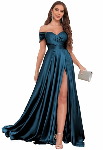 Image of SOLODISH Off The Shoulder Satin Prom Dresses for Women Long Formal Evening Party Dress with Slit