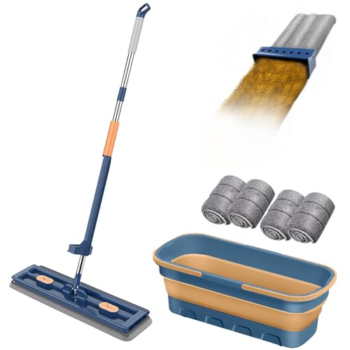 Kit Balai Serpillère et Seau, Grande Serpillière Plate avec Tampons en Fibre Super Absorbants et Utilisation Humide et Sèche, Compression Automatique de...