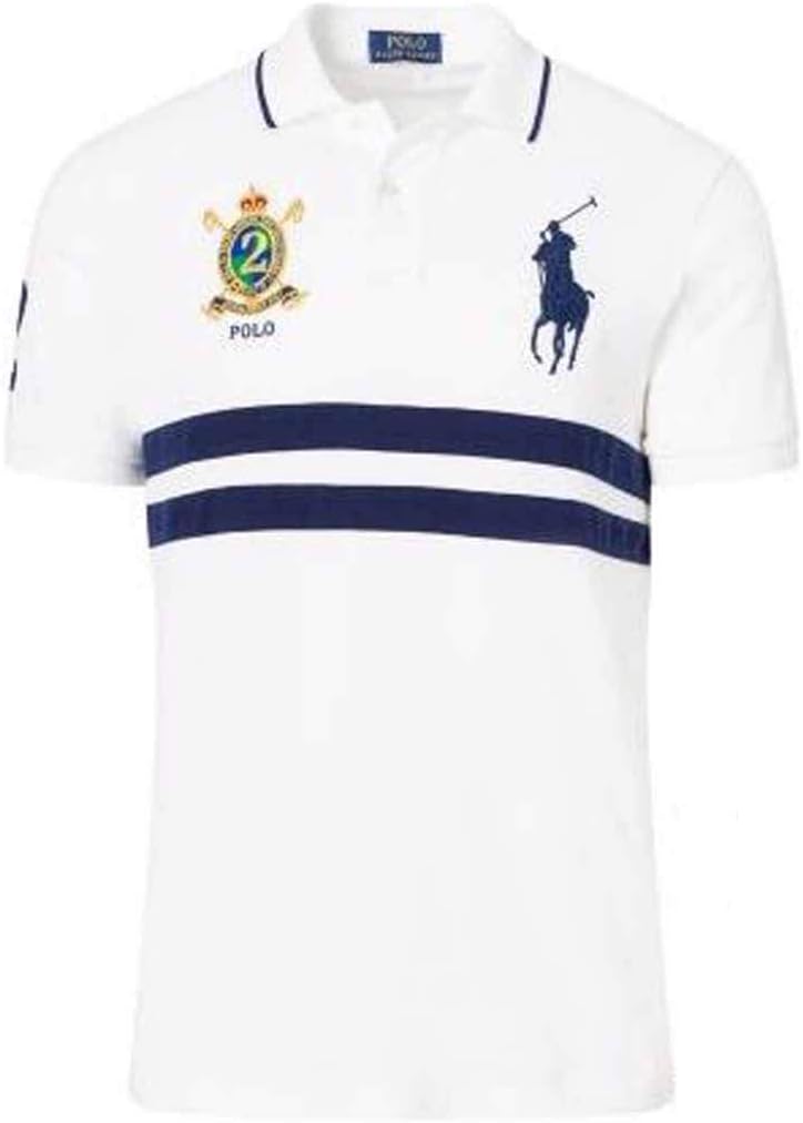 Polo Ralph Lauren Men's Banner Short Sleeve Mesh Polo Shirt (Large, White/Navy Stripes)