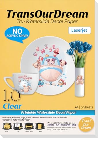 TransOurDream Tru-Waterslide TOD-020-5 - Papel adhesivo transparente para impresora láser, 5 hojas, A4, sin aerosol, papel de transferencia de agua, vinilo transparente, tazas de cerámica, vasos,