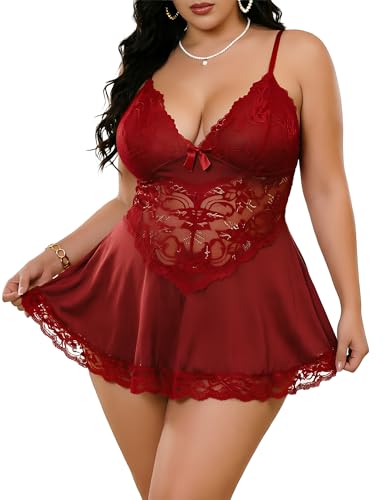 Image of Alrovetoney Women Plus Size Babydoll Lingerie Lace Chemise Mesh Sleepwear Strappy Sexy Nightgown Boudoir Outfit L-4XL
