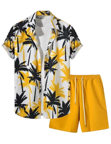 Image of Yimoon Men's Summer 2 Piece Outfits Tropical Print Short Sleeve Button Down Hawaiian Beach Shirt and Shorts Set