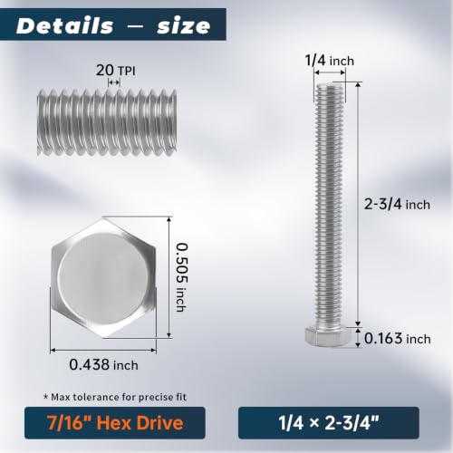Image of 10 Sets Glvaner 1 /4-20 x 2-3 /4 inch Stainless Steel Hex Head Screws Bolts, Nuts, Flat & Lock Washers, 18-8 (304) Stainless Steel, Full Thread, Coarse Thread