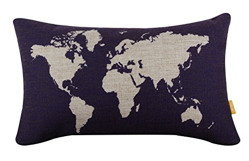 LINKWELL 18" x 11" World Map Burlap Pillow Cases Cushion Covers