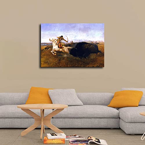 Wall Decor Indians Hunting Buffalo Poster Wall Art Printing Picture Canvas Home Decor Room Decor Painting (8X12Inch-Framed) #TOP2