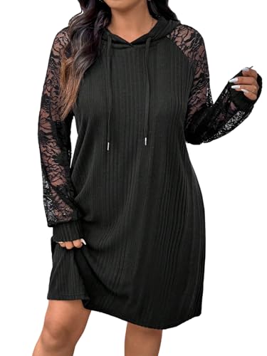 SweatyRocks Damen Curvy Hoodie Kleid Langarm Strickkleid mit Spitzenärmeln Freizeitkleid Knielang Langarmkleid Rippstrick Pulloverkleid Herbstkleid...