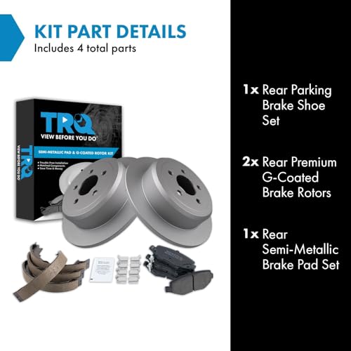 Image of TRQ Rear Brake Pad and Rotor Set Semi Metallic G Coated Rotors Parking Brake Shoe Compatible with 2007-2011 Dodge Nitro 2008-2012 Jeep Liberty
