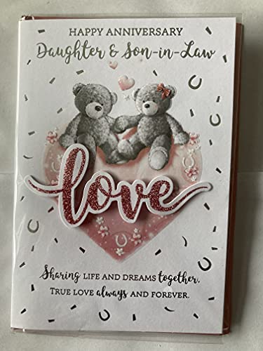 Happy Anniversary Daughter & Son-In-Law Love Wedding Anniversary Card Grey Teddies/Pink Heart/Silver Words 3D/Glitter/Foil Detail(PRELUDE47269)