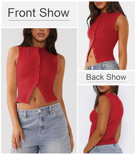 Womens Button Down Tank Top Sleeveless Ribbed Fitted Vest Casual Crewneck Trendy Y2K Going Out Crop Knit Vest Top3