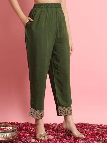 Image of VredeVogel Women's Silk Blend Embroidered Kurta with Pant & Silk Chiffon Dupatta Set