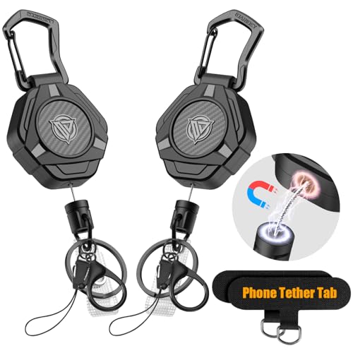 Oaridey Magnetic Retractable Keychain, Heavy Duty Carabiner Badge Holder with Phone Tether Tabs, Tactical ID Badge Reel with 31.8'' Coated Steel Cord and Lobster Clasp, Bearing 10.0 oz - 2 Pack