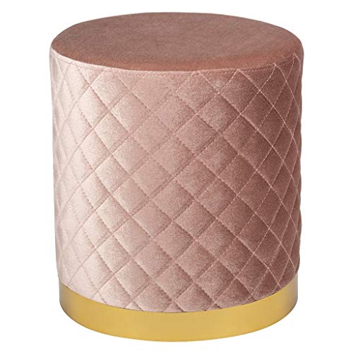 Impressions Olivia Quilted Vanity Ottoman with Gold Plating Metal Base, Round Velvet Flat Seat for Living Room (New Pink)