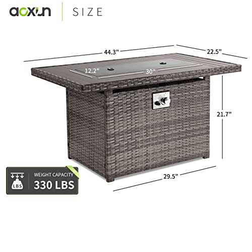 Aoxun Propane Fire Pit Table, 44 In Csa Propane Fire Table Rectangular, 50,000 Btu Auto Ignition Gas Fire Pit For Outside Patio Deck, Oxford Cover, Grey Wicker #TOP4