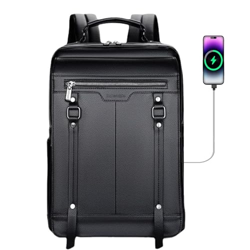 Leather Laptop Backpack For Men, Business Laptop Smart Bag Fits 15.6 Inch Laptop with USB Charging Port,Medium Water Resistant Backpack for Work Office College