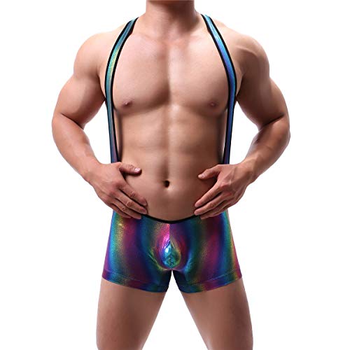 Mens Suspenders Wrestling Singlet Leotard Thong Bodysuit Jumpsuit Briefs Swimwear (Xl, Boxer Bodysuit Rainbow) #TOP4