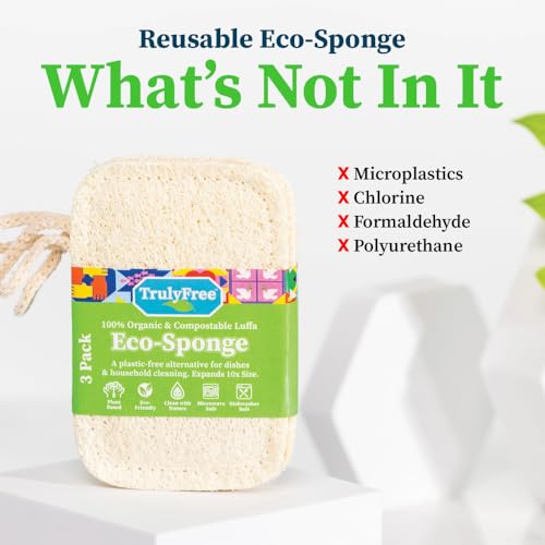 Truly Free Natural Cleaning Sponges, 100% Organic Luffa Dish Scrubber, Plant-Based Compostable Kitchen Dishwasher Sponge, Cleans Sink, Grout & Tile, Non Scratch Scouring Pad - 4.4 x 2.8 in, Pack of 3 - Image 6